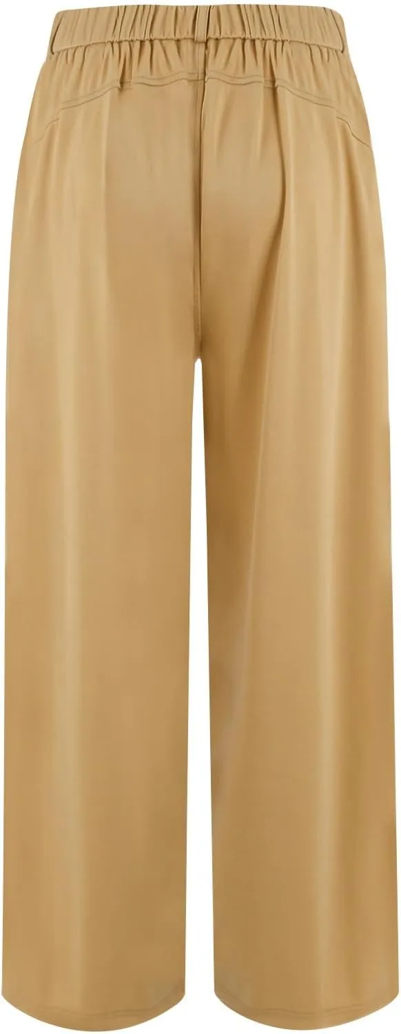 High Waist Flowy Office Work Pants Women with Pleated Elastic Waist Wide Leg Pants Women for Business Casual Slacks