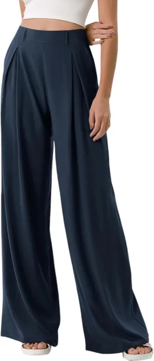 High Waist Flowy Office Work Pants Women with Pleated Elastic Waist Wide Leg Pants Women for Business Casual Slacks