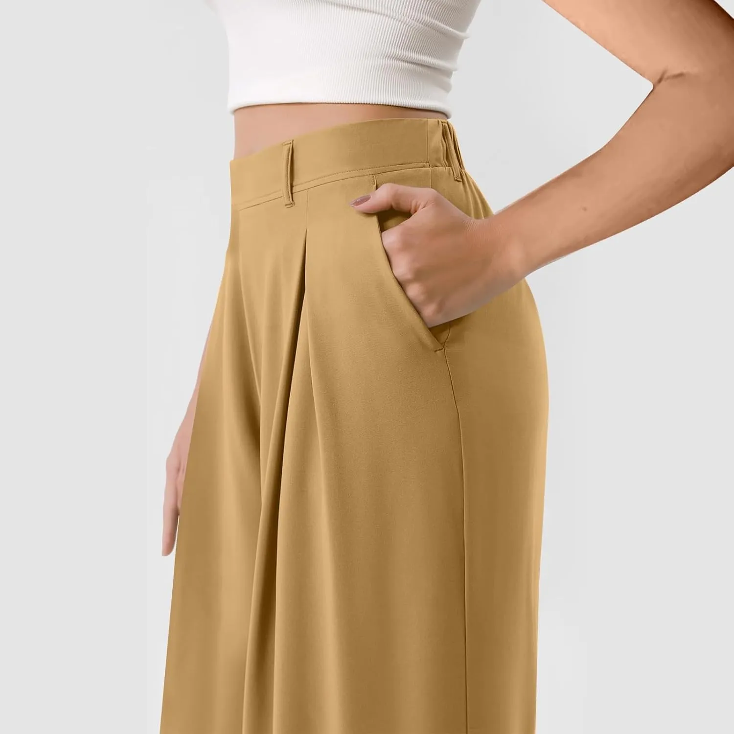High Waist Flowy Office Work Pants Women with Pleated Elastic Waist Wide Leg Pants Women for Business Casual Slacks