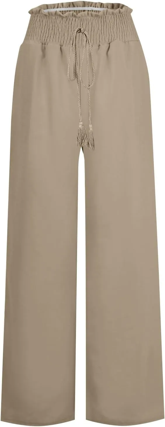 High Waist Wide Leg Palazzo Pants for Women 2024 Summer Casual Linen Lounge Pant Beach Flowy Trousers