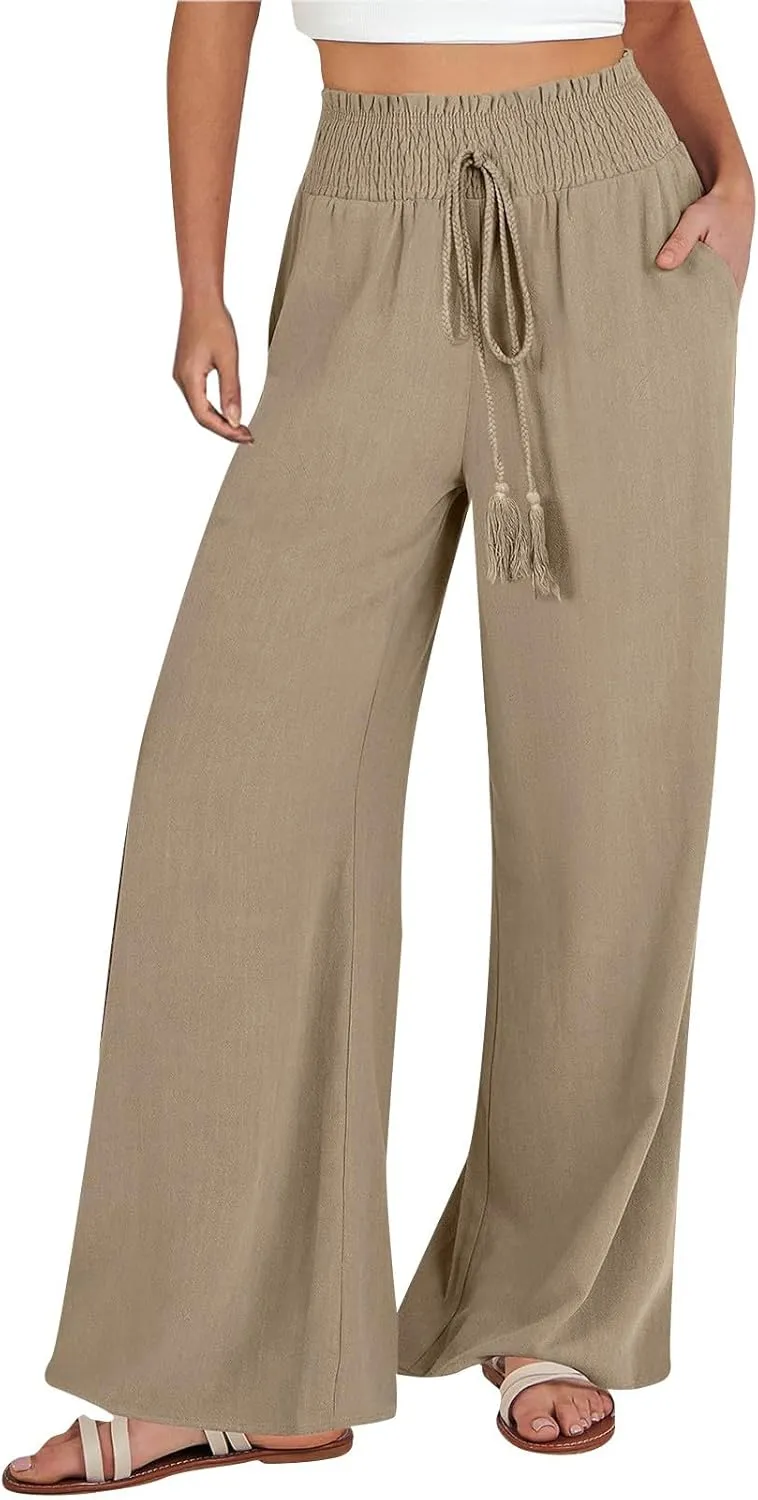 High Waist Wide Leg Palazzo Pants for Women 2024 Summer Casual Linen Lounge Pant Beach Flowy Trousers