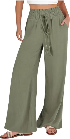 High Waist Wide Leg Palazzo Pants for Women 2024 Summer Casual Linen Lounge Pant Beach Flowy Trousers