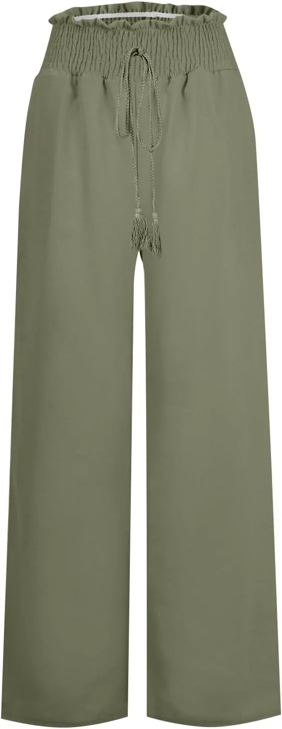 High Waist Wide Leg Palazzo Pants for Women 2024 Summer Casual Linen Lounge Pant Beach Flowy Trousers