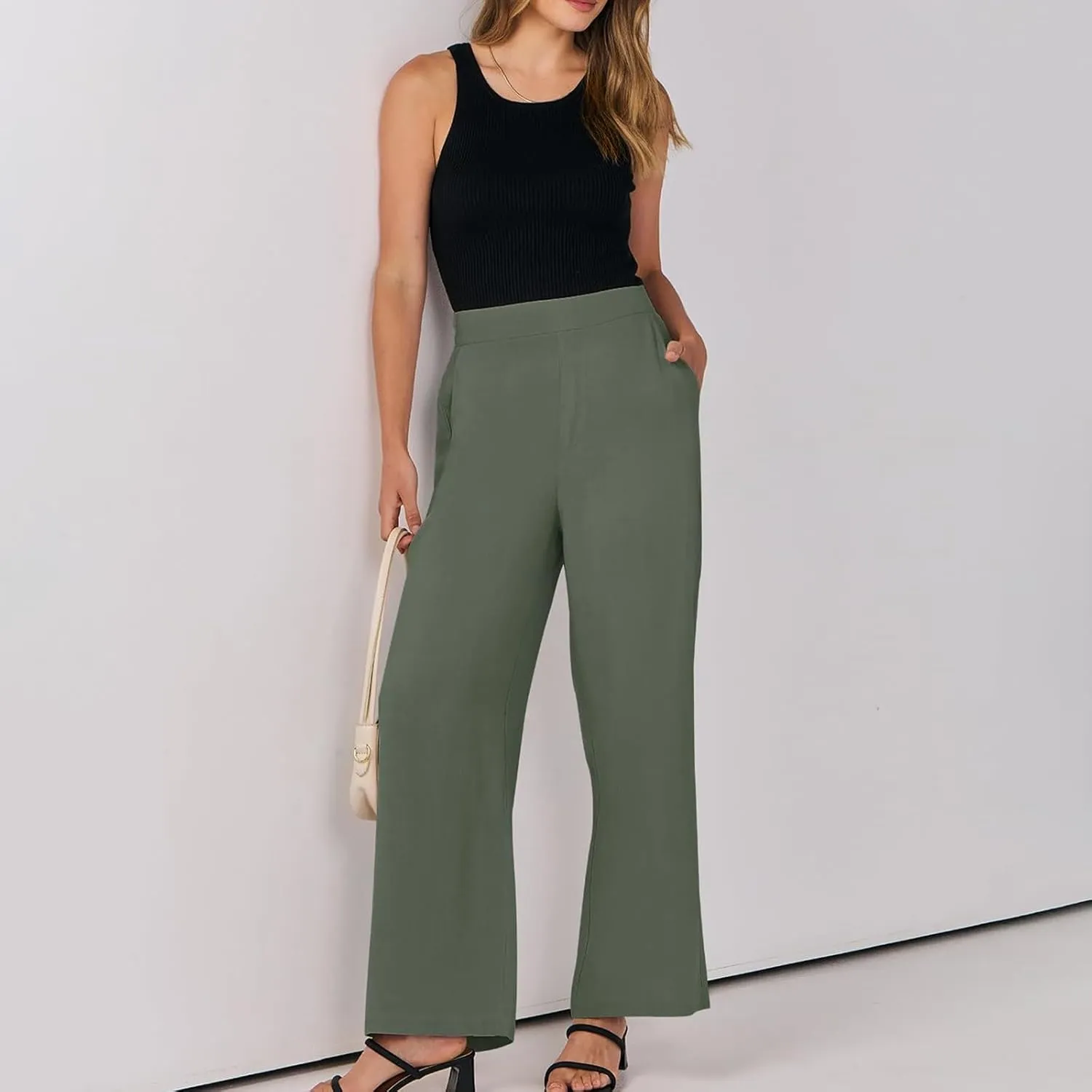 High Waisted Work Pants Women Linen Wide Leg Pants Elastic Waist Business Casual Dress Pants Baggy Summer Trousers