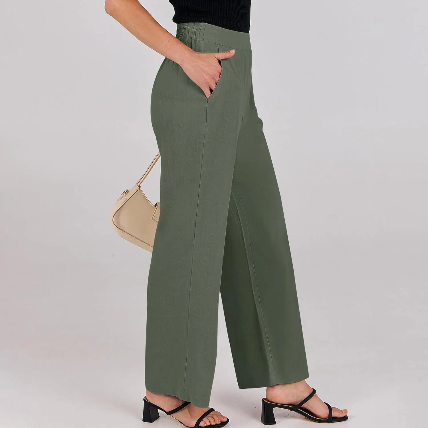 High Waisted Work Pants Women Linen Wide Leg Pants Elastic Waist Business Casual Dress Pants Baggy Summer Trousers