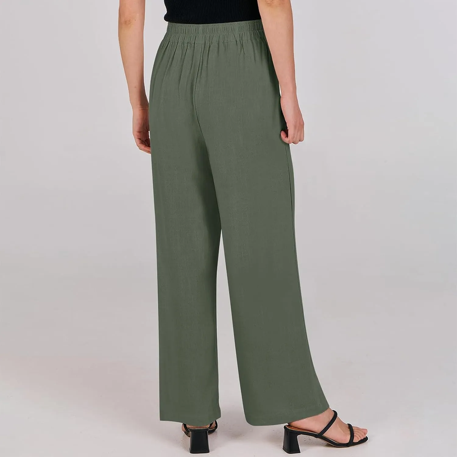 High Waisted Work Pants Women Linen Wide Leg Pants Elastic Waist Business Casual Dress Pants Baggy Summer Trousers