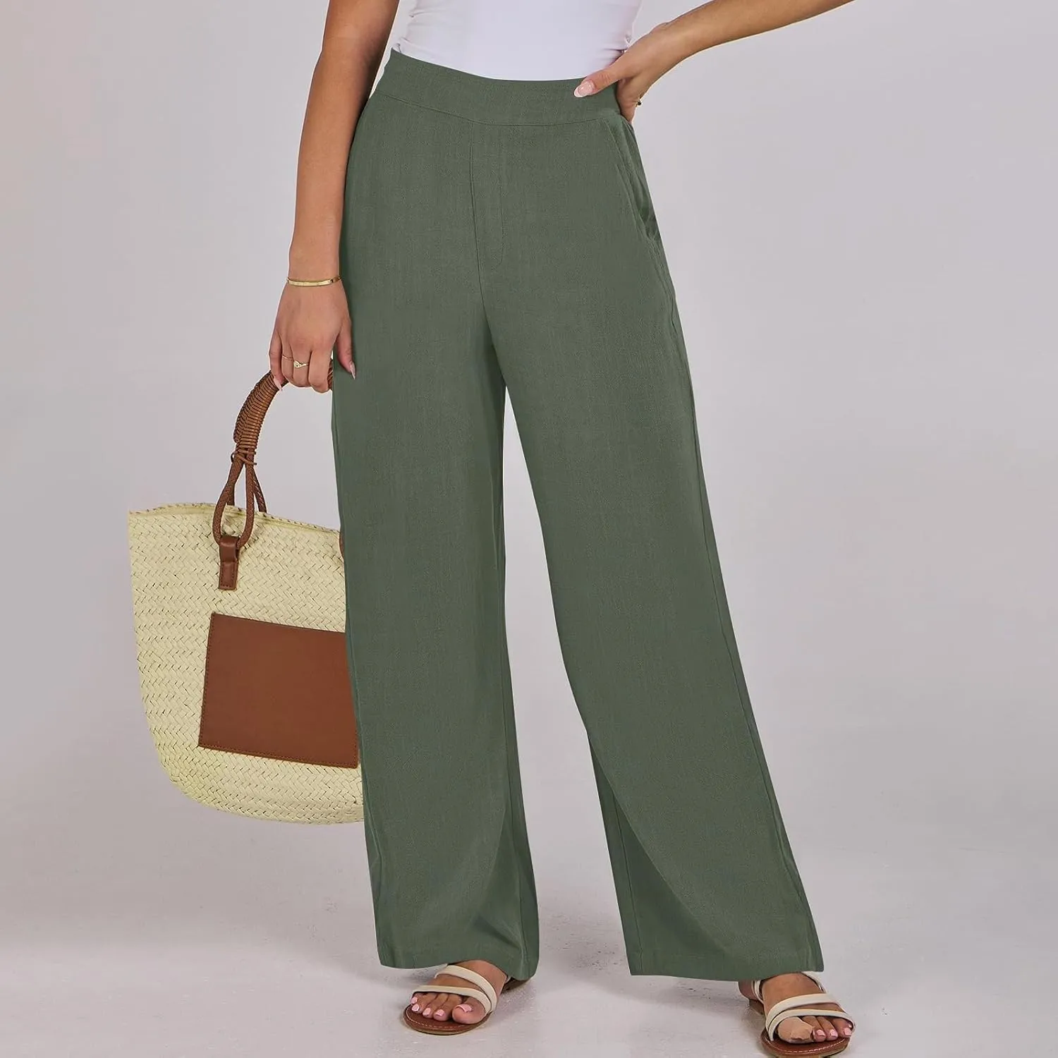 High Waisted Work Pants Women Linen Wide Leg Pants Elastic Waist Business Casual Dress Pants Baggy Summer Trousers
