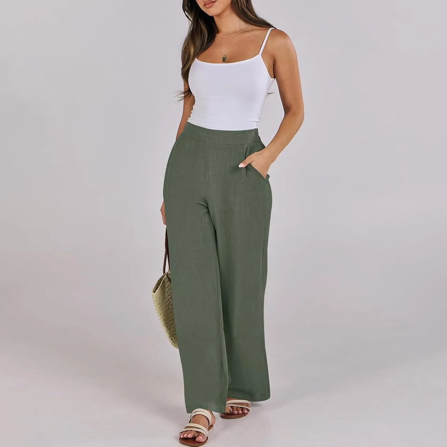 High Waisted Work Pants Women Linen Wide Leg Pants Elastic Waist Business Casual Dress Pants Baggy Summer Trousers