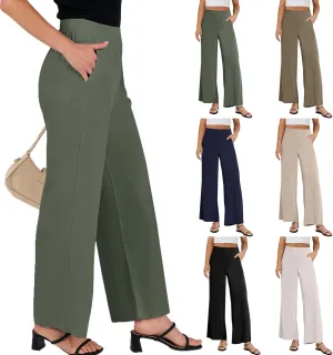 High Waisted Work Pants Women Linen Wide Leg Pants Elastic Waist Business Casual Dress Pants Baggy Summer Trousers