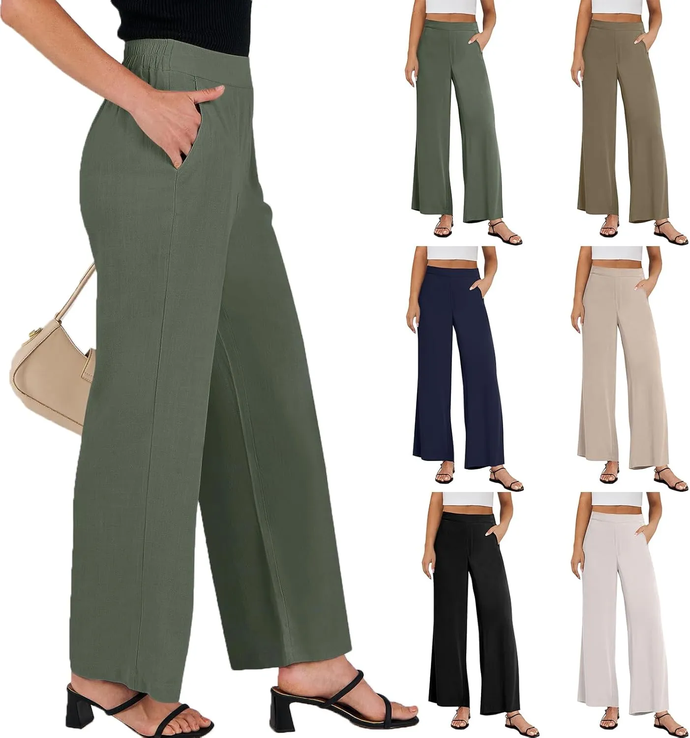 High Waisted Work Pants Women Linen Wide Leg Pants Elastic Waist Business Casual Dress Pants Baggy Summer Trousers