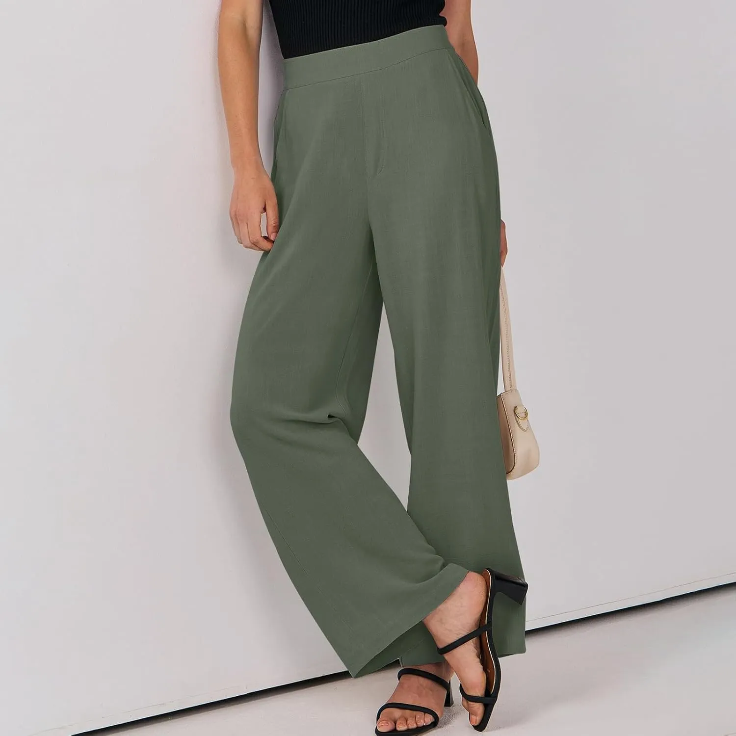 High Waisted Work Pants Women Linen Wide Leg Pants Elastic Waist Business Casual Dress Pants Baggy Summer Trousers