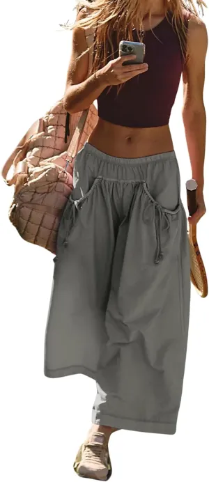 Hooever Women's Loose Wide Leg Track Pants Drawstring Pockets Elastic Waist Capri Hiking Pants