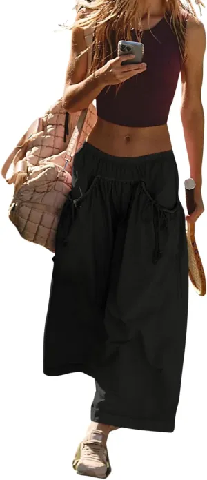Hooever Women's Loose Wide Leg Track Pants Drawstring Pockets Elastic Waist Capri Hiking Pants