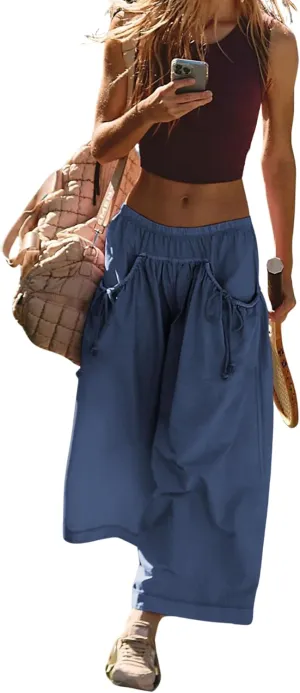 Hooever Women's Loose Wide Leg Track Pants Drawstring Pockets Elastic Waist Capri Hiking Pants