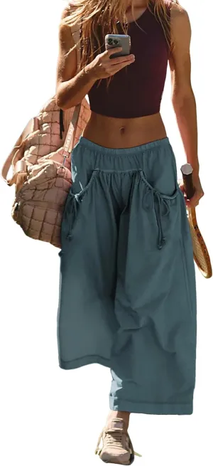Hooever Women's Loose Wide Leg Track Pants Drawstring Pockets Elastic Waist Capri Hiking Pants
