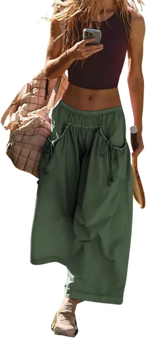 Hooever Women's Loose Wide Leg Track Pants Drawstring Pockets Elastic Waist Capri Hiking Pants