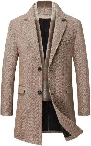 INVACHI Men's Casual Trench Coat with Detachable Scarfs Notched Collar Single Breasted Overcoat