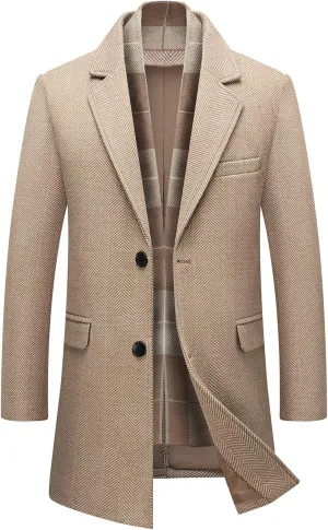 INVACHI Men's Casual Trench Coat with Detachable Scarfs Notched Collar Single Breasted Overcoat