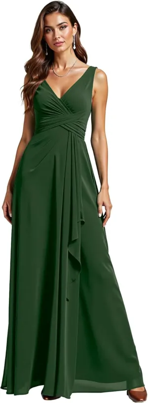 JAEDEN Bridesmaid Dresses for Women  V Neck, Pleated, Chiffon A-Line Formal Evening Gown for Wedding