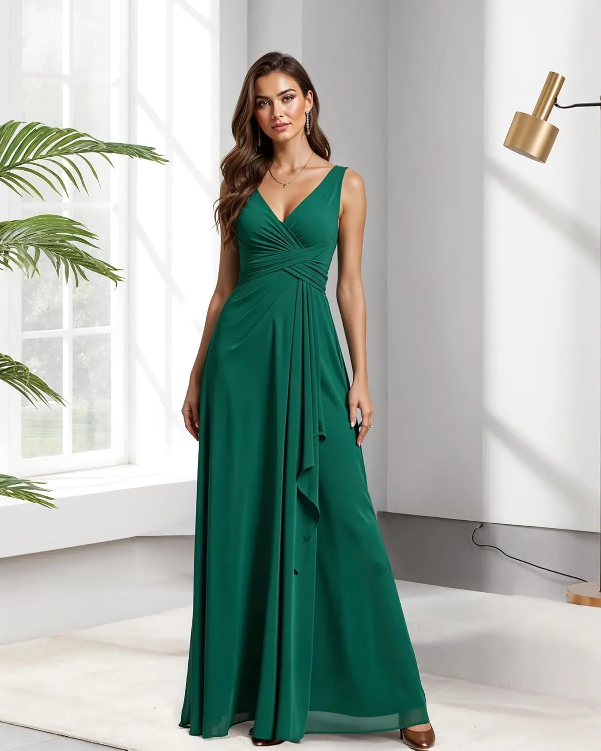 JAEDEN Bridesmaid Dresses for Women  V Neck, Pleated, Chiffon A-Line Formal Evening Gown for Wedding