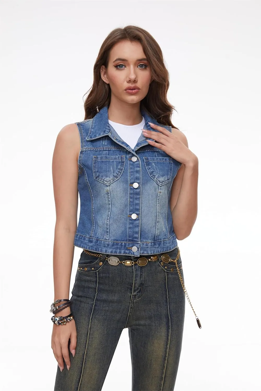 J.Corrine Womens Denim Vest Sleeveless Classic Cropped Distressed Spread Collar Button Jean Vest Jackets With Pockets