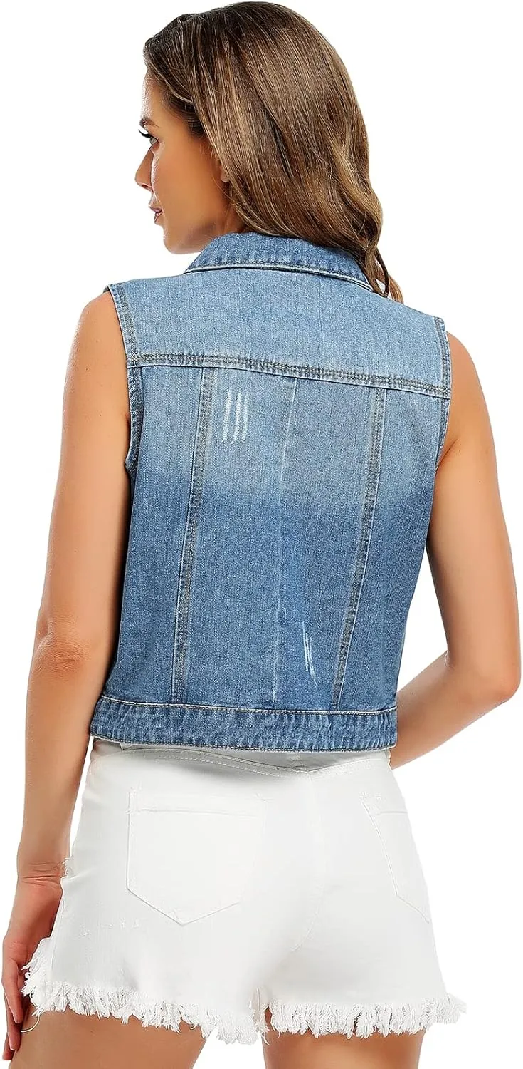 J.Corrine Womens Denim Vest Sleeveless Classic Cropped Distressed Spread Collar Button Jean Vest Jackets With Pockets