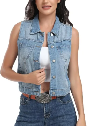 J.Corrine Womens Denim Vest Sleeveless Classic Cropped Distressed Spread Collar Button Jean Vest Jackets With Pockets