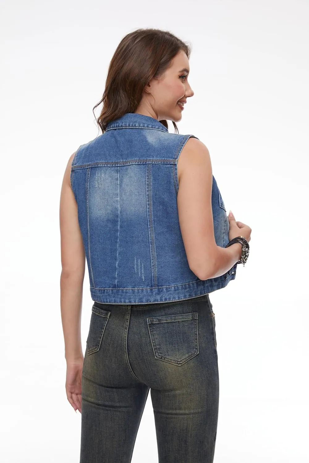 J.Corrine Womens Denim Vest Sleeveless Classic Cropped Distressed Spread Collar Button Jean Vest Jackets With Pockets