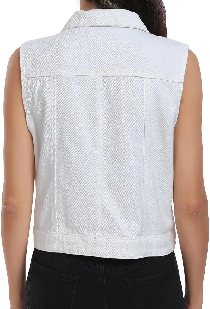 J.Corrine Womens Denim Vest Sleeveless Classic Cropped Distressed Spread Collar Button Jean Vest Jackets With Pockets