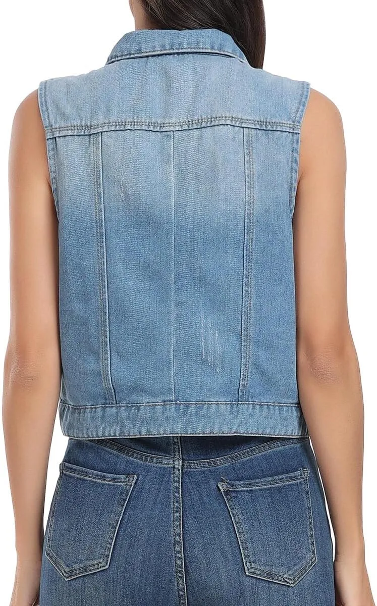 J.Corrine Womens Denim Vest Sleeveless Classic Cropped Distressed Spread Collar Button Jean Vest Jackets With Pockets