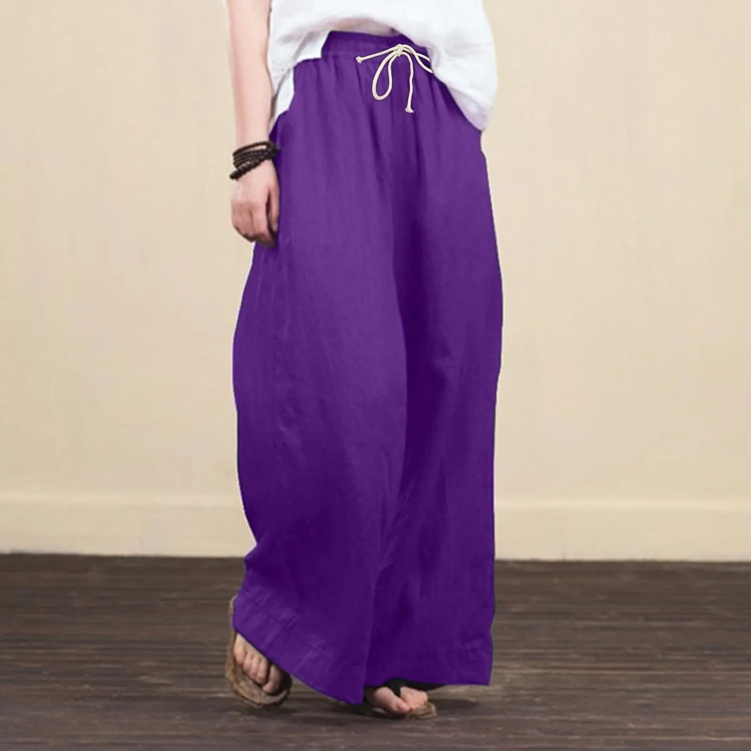 JOFOW Women Summer Pants Loose Solid Color Wide Leg with Pocket Elastic Pants Cotton Linen Trousers