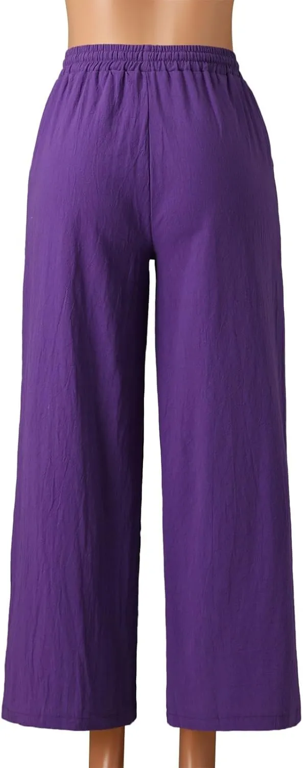 JOFOW Women Summer Pants Loose Solid Color Wide Leg with Pocket Elastic Pants Cotton Linen Trousers