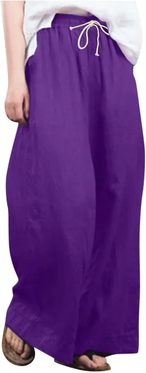 JOFOW Women Summer Pants Loose Solid Color Wide Leg with Pocket Elastic Pants Cotton Linen Trousers