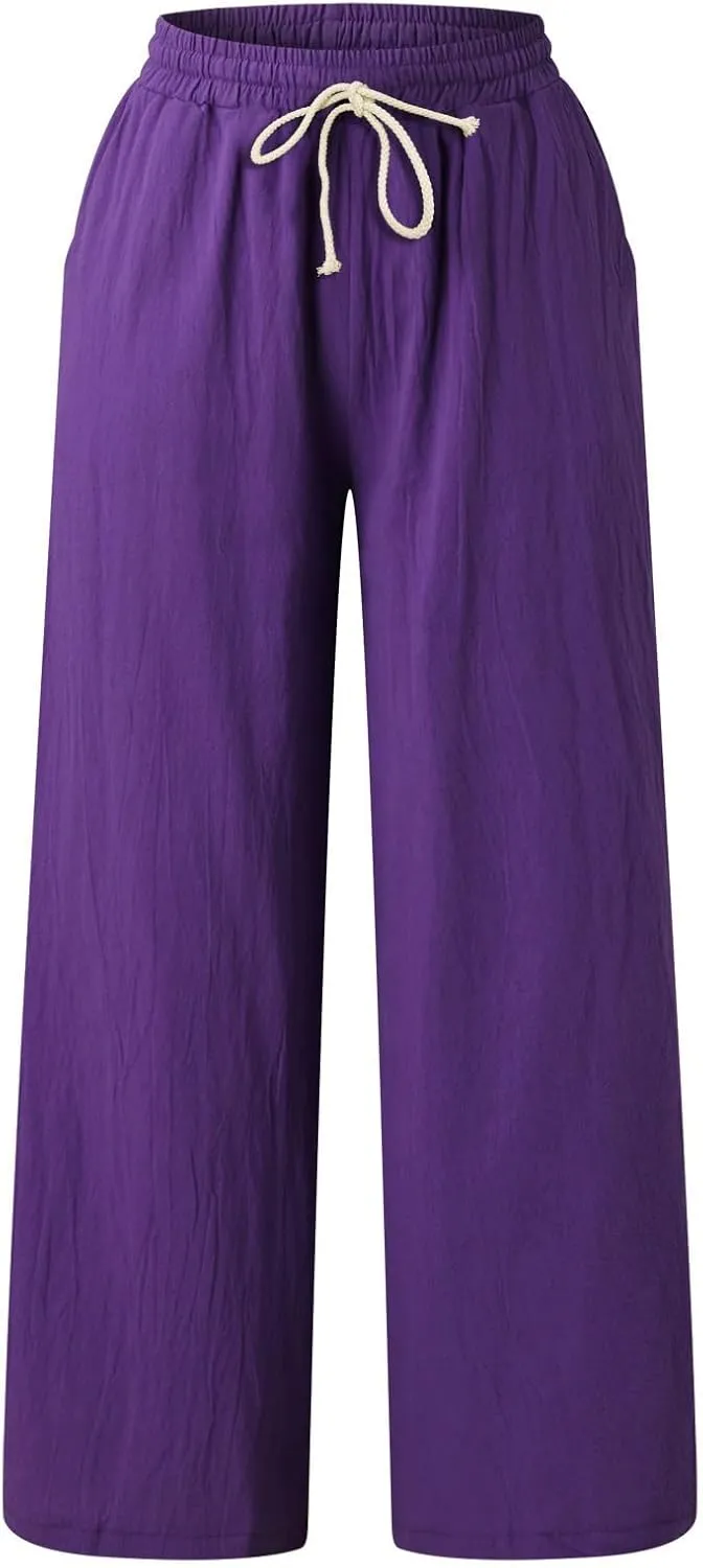 JOFOW Women Summer Pants Loose Solid Color Wide Leg with Pocket Elastic Pants Cotton Linen Trousers