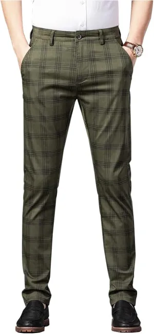Kinghua Mens Plaid Pants Casual Stretch Slim Fit Dress Chinos Pants