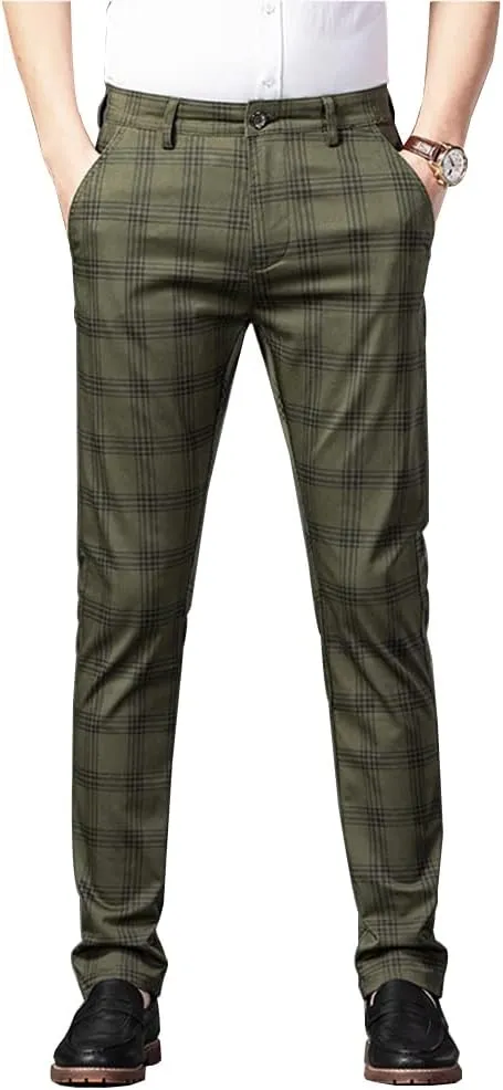 Kinghua Mens Plaid Pants Casual Stretch Slim Fit Dress Chinos Pants