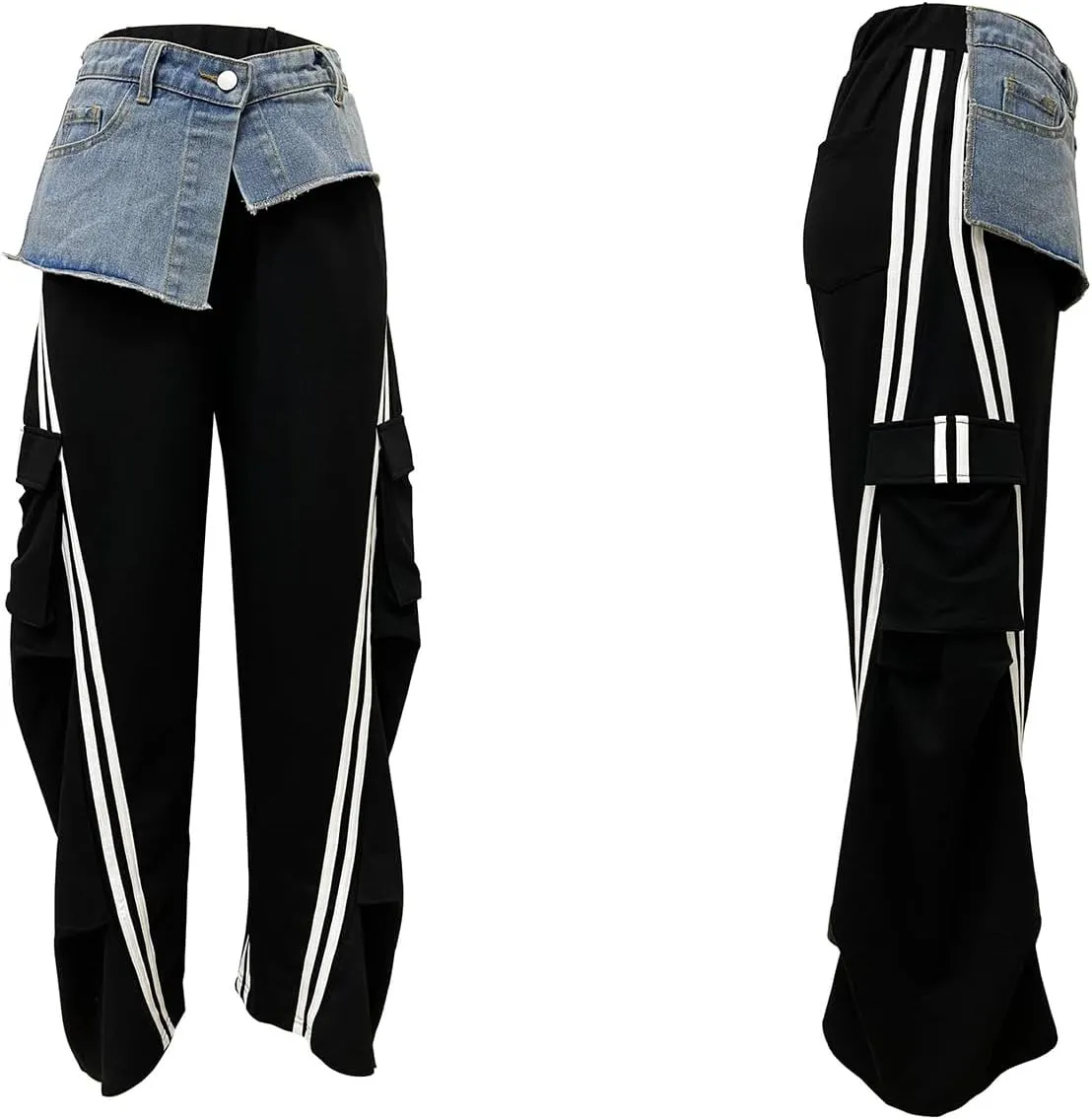 LETSVDO Women's Wide Leg Cargo Sweatpants High Waist Baggy Denim Patchwork Pants Casual Striped Track Pants