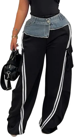 LETSVDO Women's Wide Leg Cargo Sweatpants High Waist Baggy Denim Patchwork Pants Casual Striped Track Pants