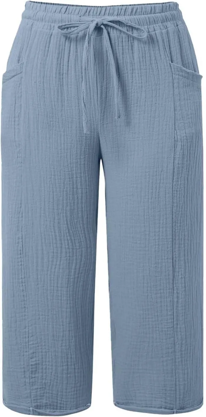Linen Capri Pants for Women Cotton Gauze Casual Summer Capris Drawstring High Waist Pants Wide Leg Cropped Trousers