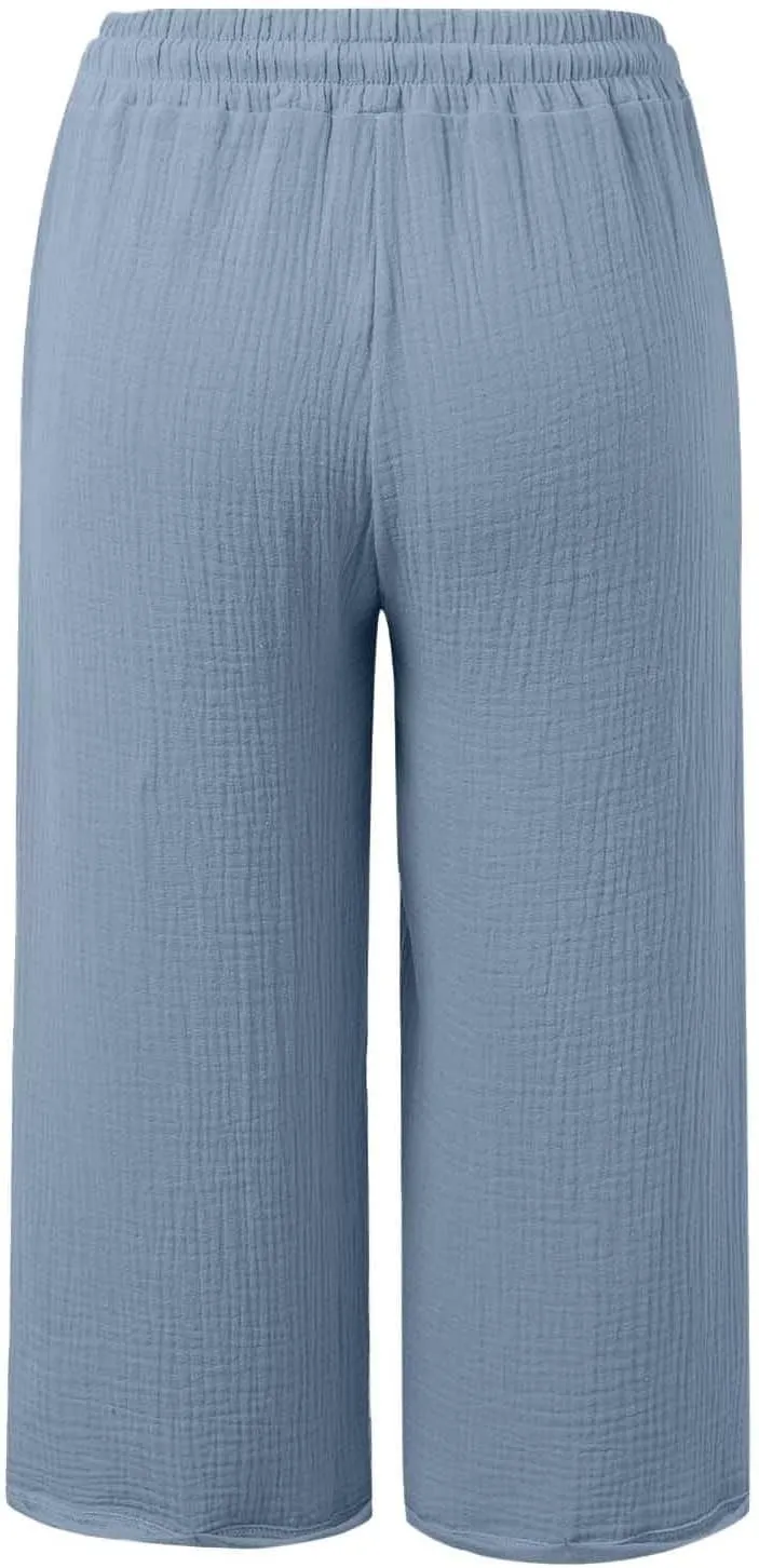 Linen Capri Pants for Women Cotton Gauze Casual Summer Capris Drawstring High Waist Pants Wide Leg Cropped Trousers