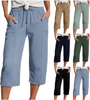 Linen Capri Pants for Women Cotton Gauze Casual Summer Capris Drawstring High Waist Pants Wide Leg Cropped Trousers