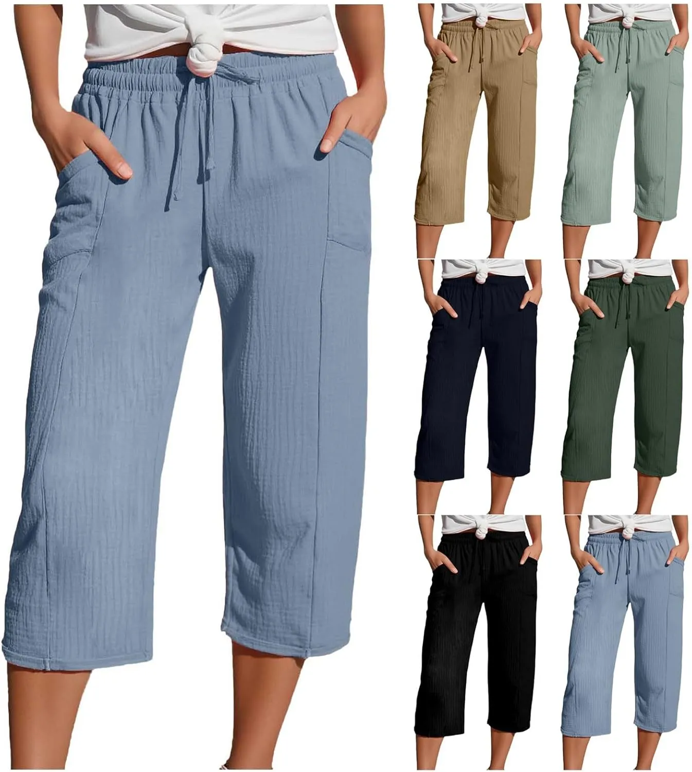 Linen Capri Pants for Women Cotton Gauze Casual Summer Capris Drawstring High Waist Pants Wide Leg Cropped Trousers