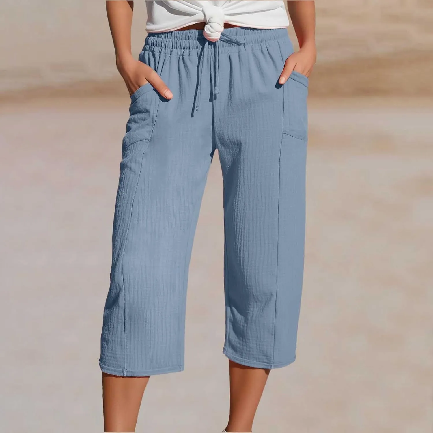 Linen Capri Pants for Women Cotton Gauze Casual Summer Capris Drawstring High Waist Pants Wide Leg Cropped Trousers