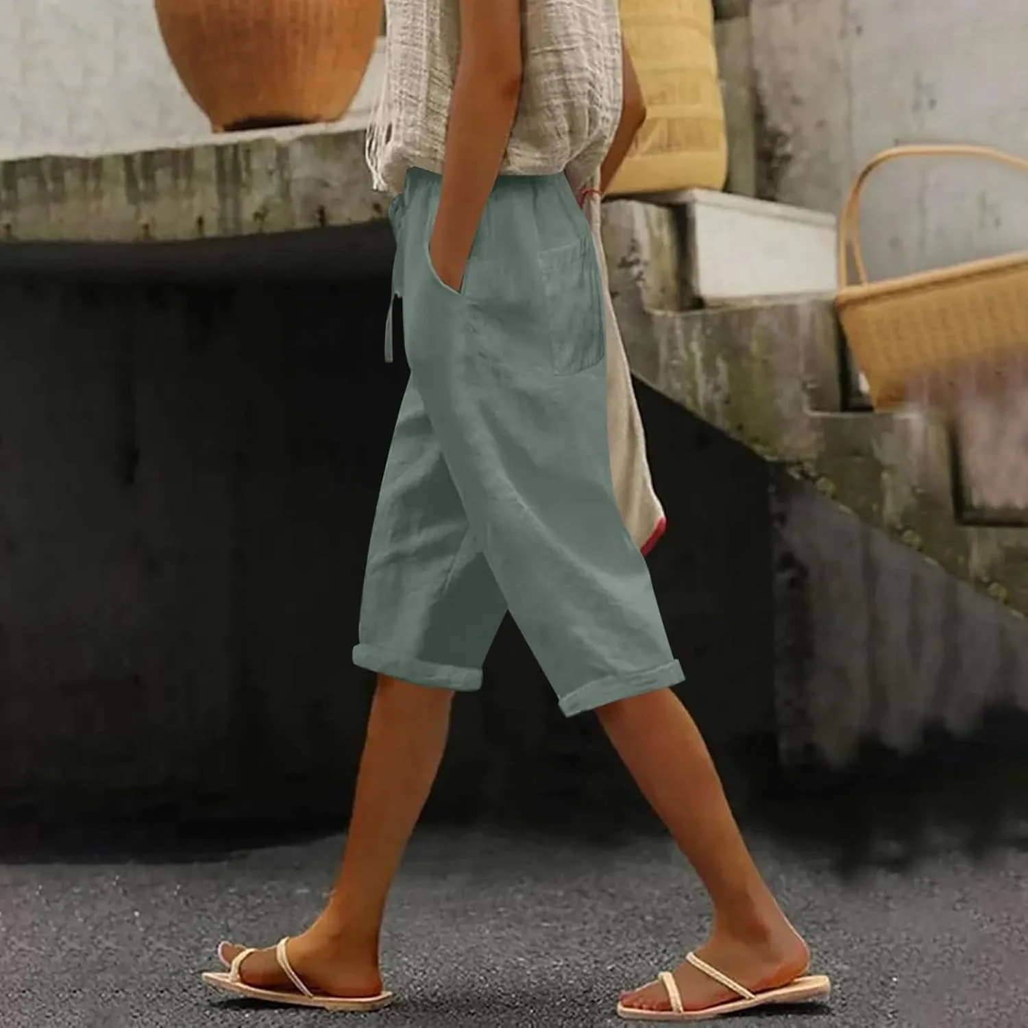 Linen Capri Pants for Women High Waisted Drawstring Trousers Comfy Soft Pant Summer Casual Beach Wear