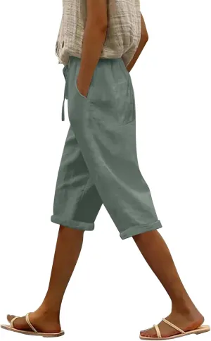 Linen Capri Pants for Women High Waisted Drawstring Trousers Comfy Soft Pant Summer Casual Beach Wear
