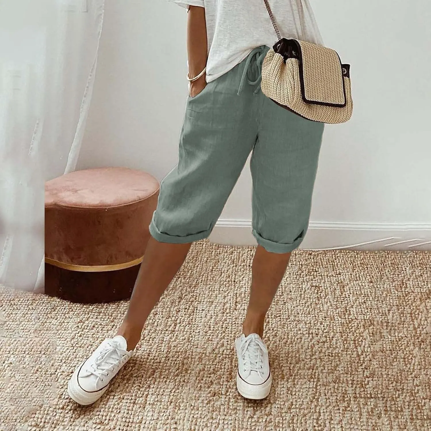 Linen Capri Pants for Women High Waisted Drawstring Trousers Comfy Soft Pant Summer Casual Beach Wear