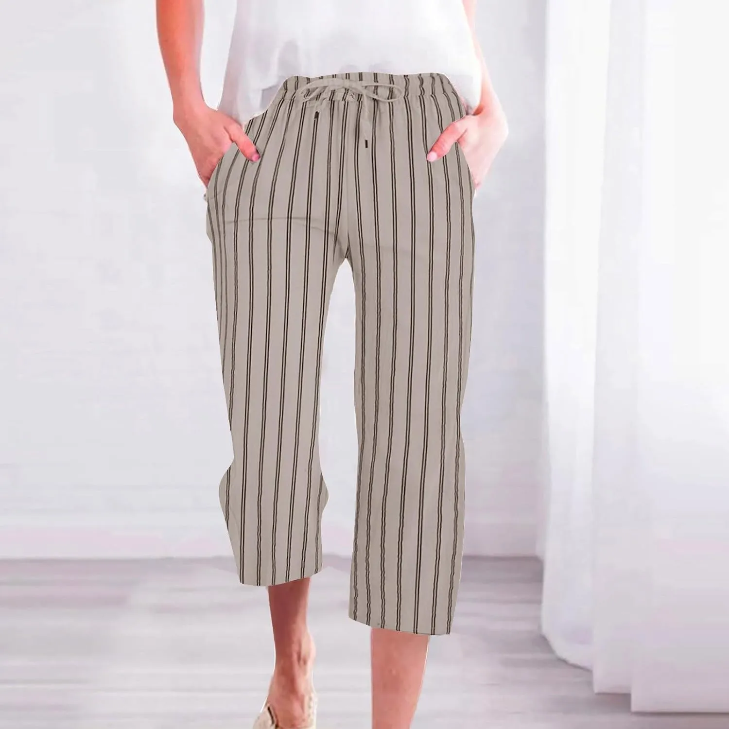Linen Capri Pants for Women Summer Elastic Waist Casual Straight Leg Drawstring Beach Cropped Trousers with Pockets
