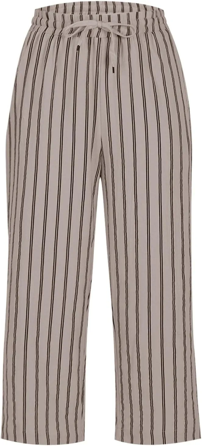 Linen Capri Pants for Women Summer Elastic Waist Casual Straight Leg Drawstring Beach Cropped Trousers with Pockets