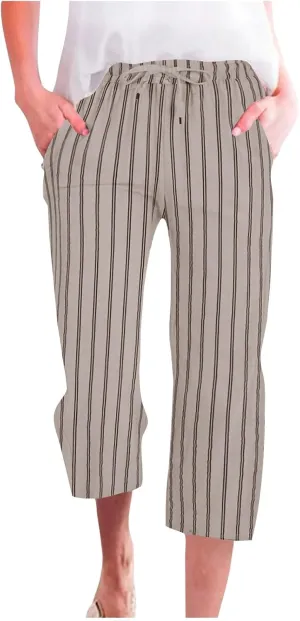 Linen Capri Pants for Women Summer Elastic Waist Casual Straight Leg Drawstring Beach Cropped Trousers with Pockets