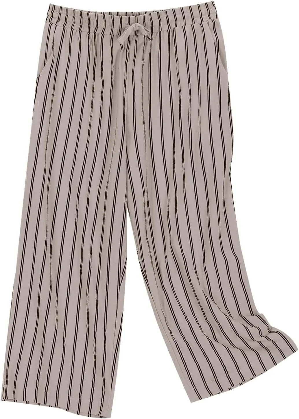 Linen Capri Pants for Women Summer Elastic Waist Casual Straight Leg Drawstring Beach Cropped Trousers with Pockets